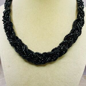 White House Black Market Braided Black Glass Seed Bead Collar Necklace. 17 inch